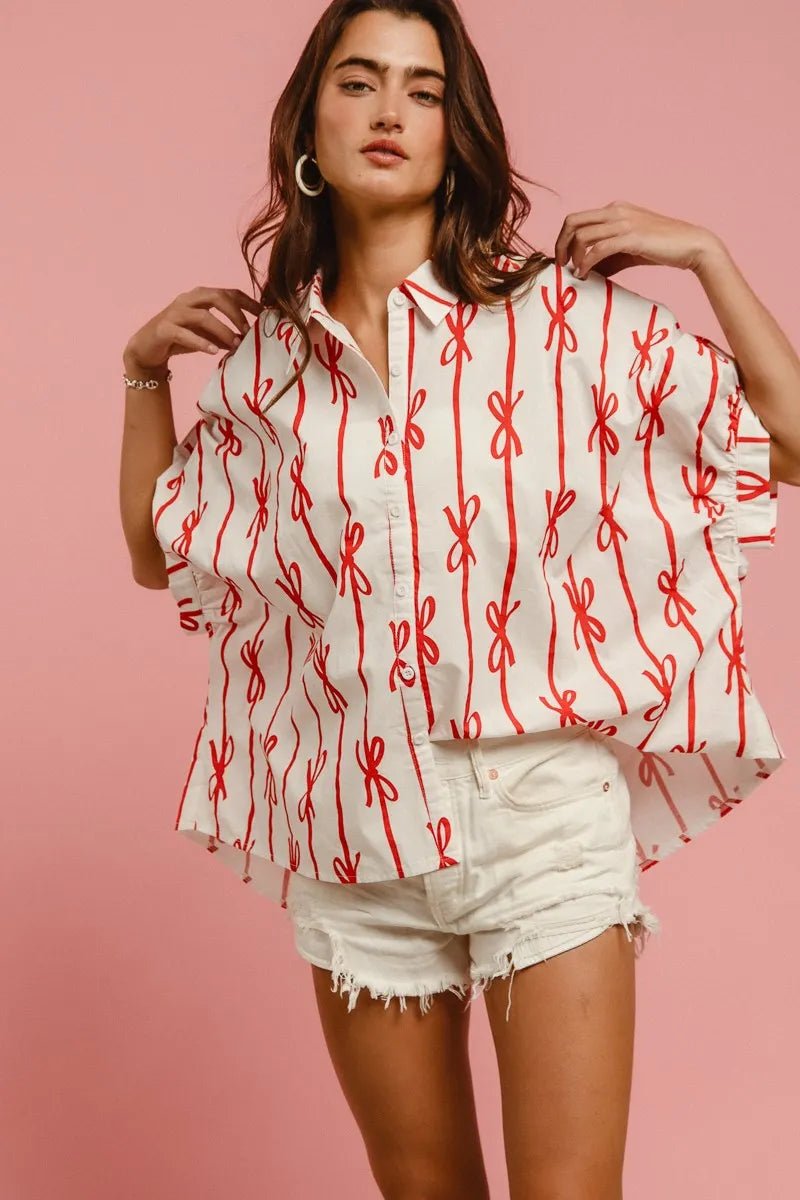 Bow Ribbon Woven Printed Button Down Shirt - Easy Pickins Store