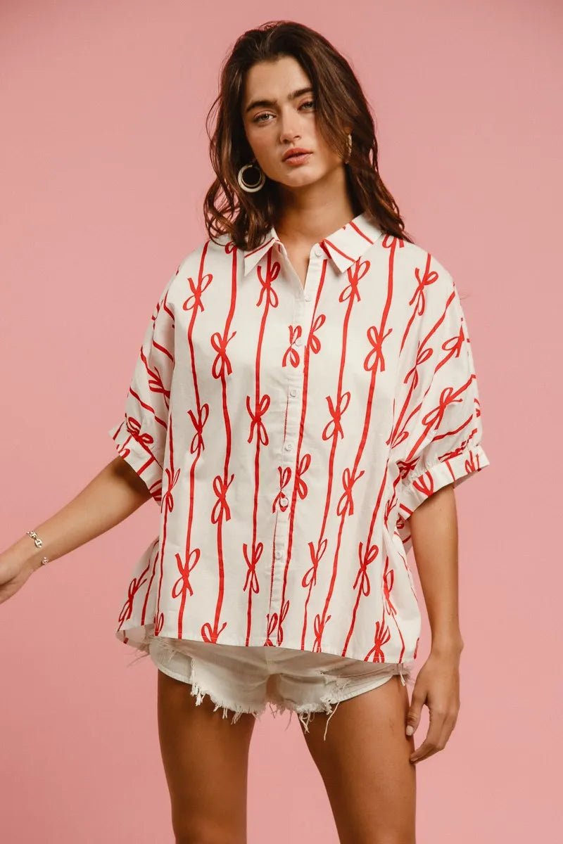 Bow Ribbon Woven Printed Button Down Shirt - Easy Pickins Store