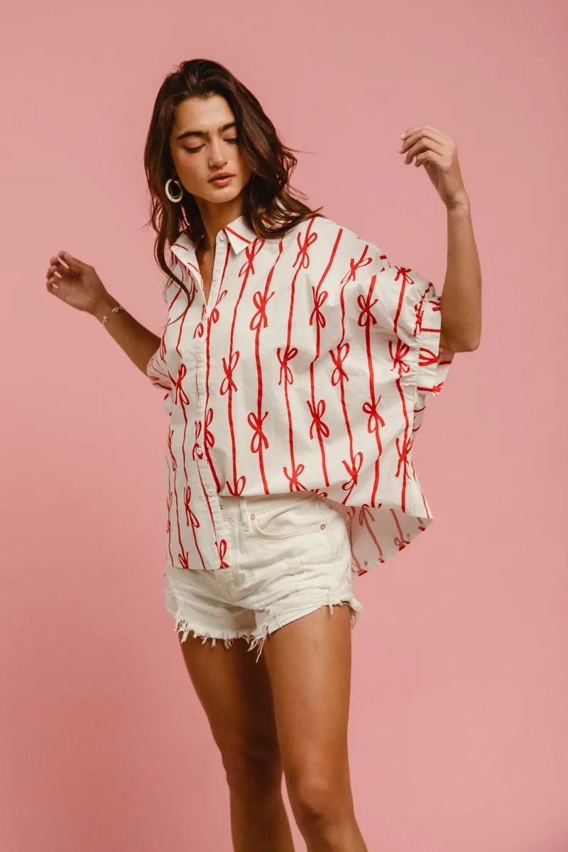 Bow Ribbon Woven Printed Button Down Shirt - Easy Pickins Store
