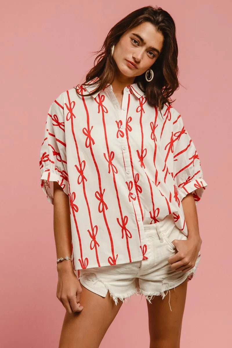 Bow Ribbon Woven Printed Button Down Shirt - Easy Pickins Store