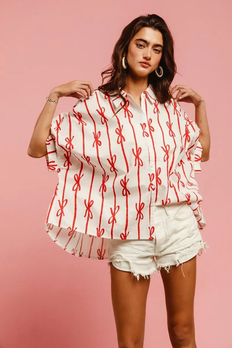 Bow Ribbon Woven Printed Button Down Shirt - Easy Pickins Store