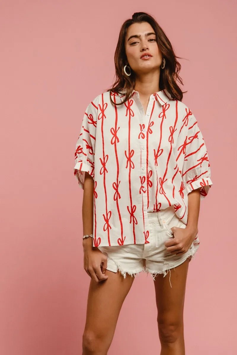 Bow Ribbon Woven Printed Button Down Shirt - Easy Pickins Store