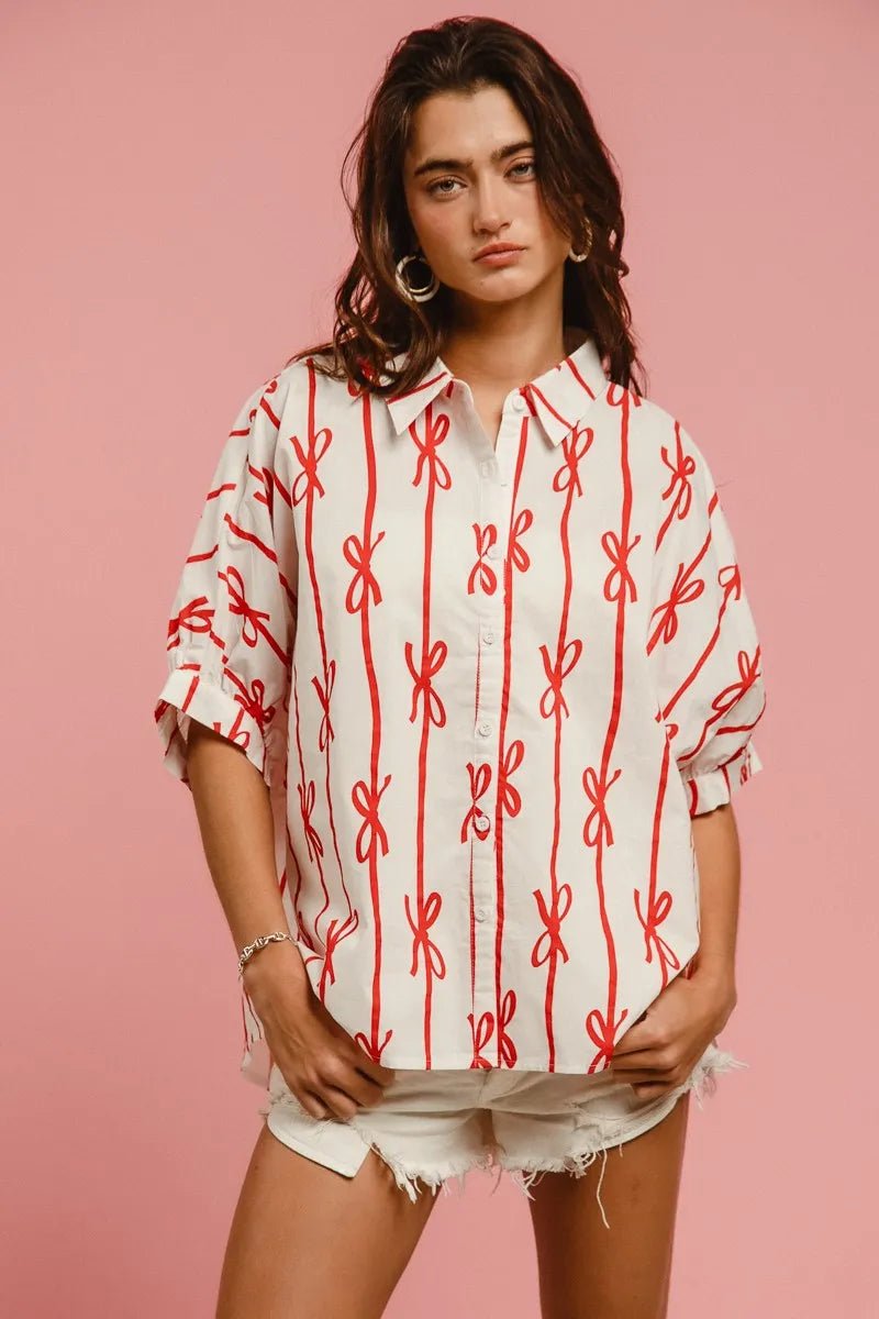 Bow Ribbon Woven Printed Button Down Shirt - Easy Pickins Store