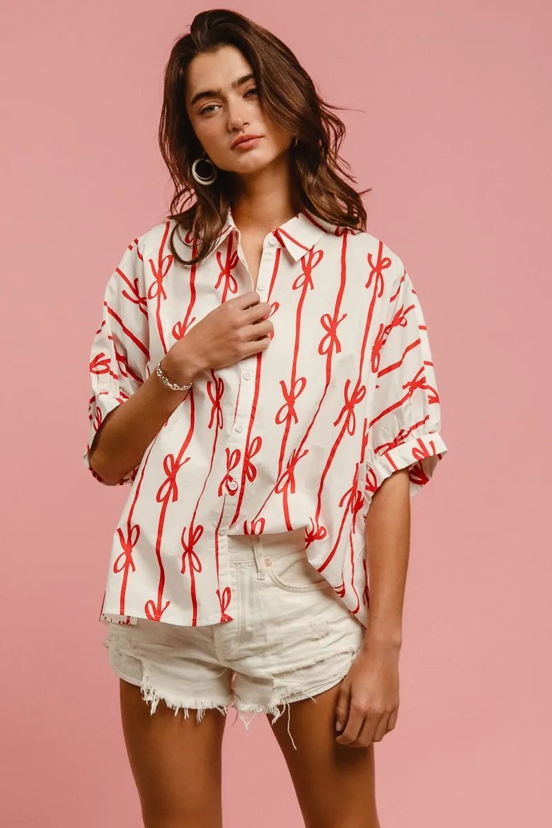 Bow Ribbon Woven Printed Button Down Shirt - Easy Pickins Store