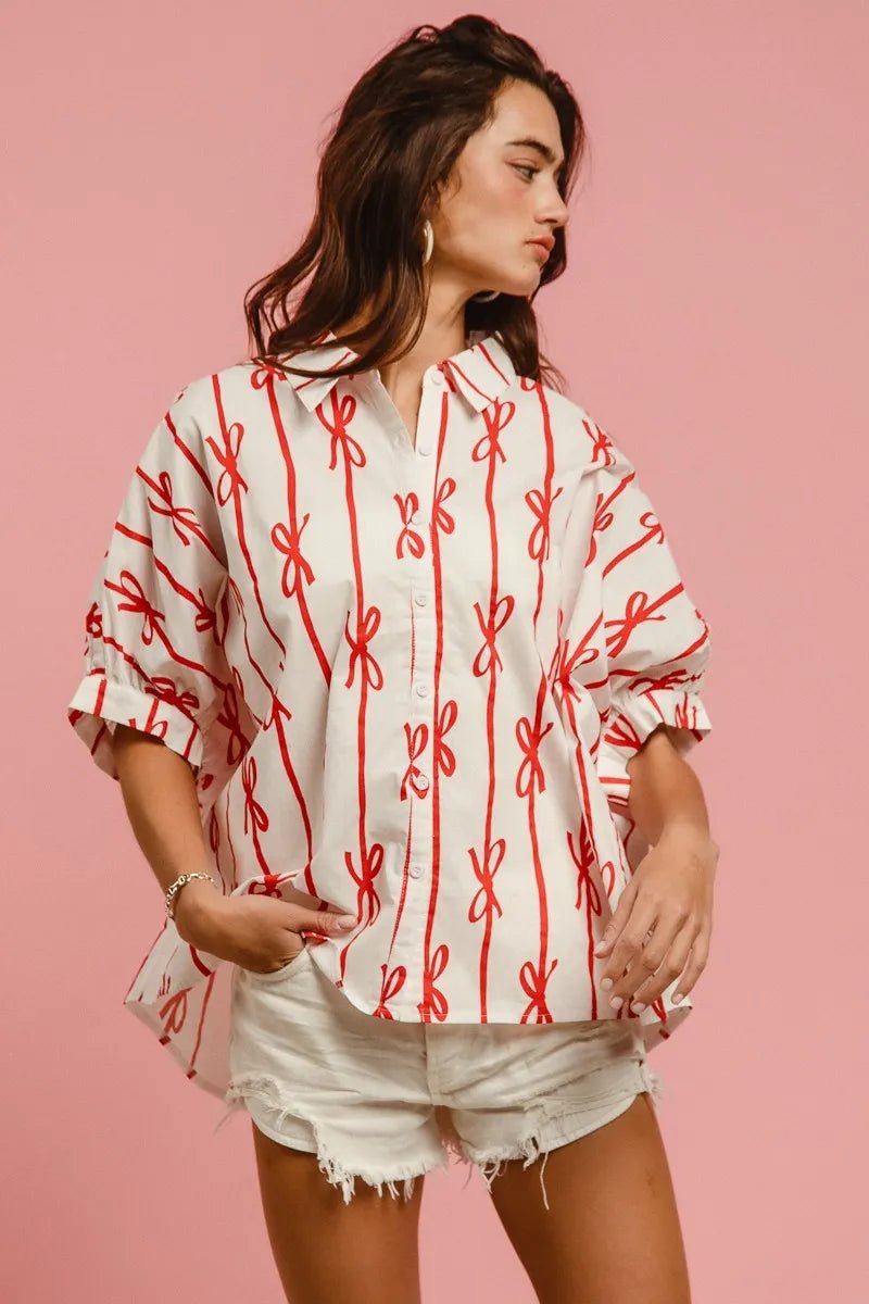 Bow Ribbon Woven Printed Button Down Shirt - Easy Pickins Store