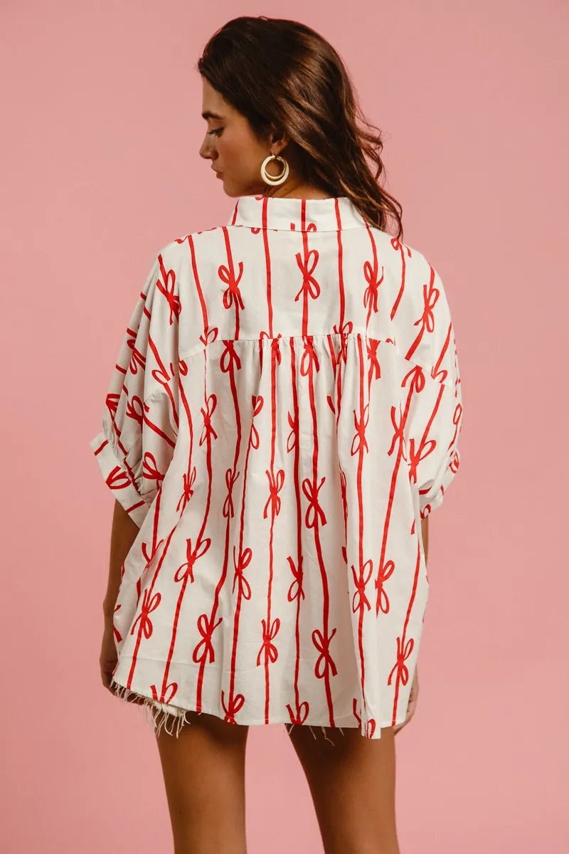 Bow Ribbon Woven Printed Button Down Shirt - Easy Pickins Store