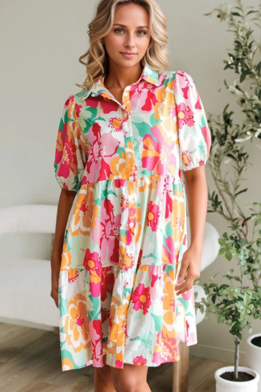Button Down Floral Puff Sleeve Babydoll Dress - Easy Pickins Store
