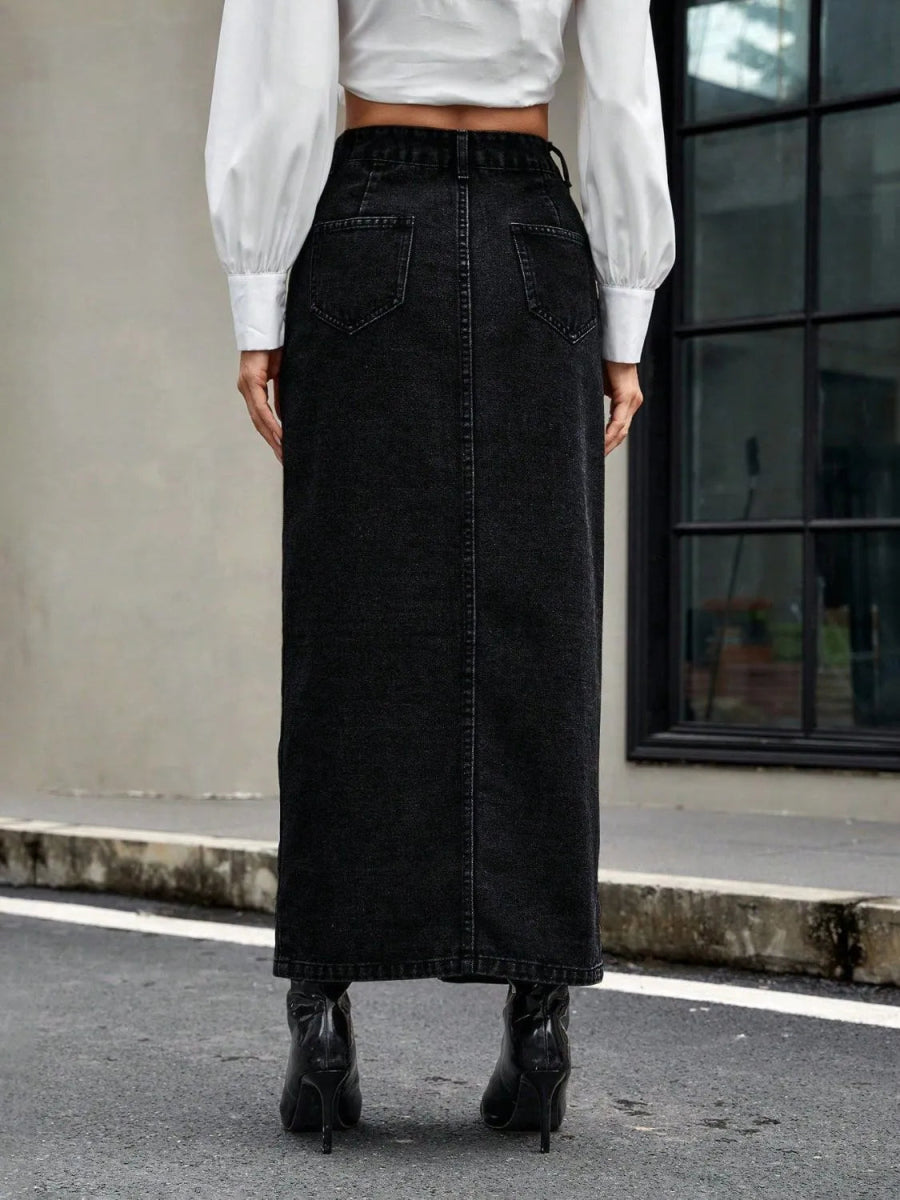 Buttoned Front Denim Slit Skirt - Easy Pickins Store
