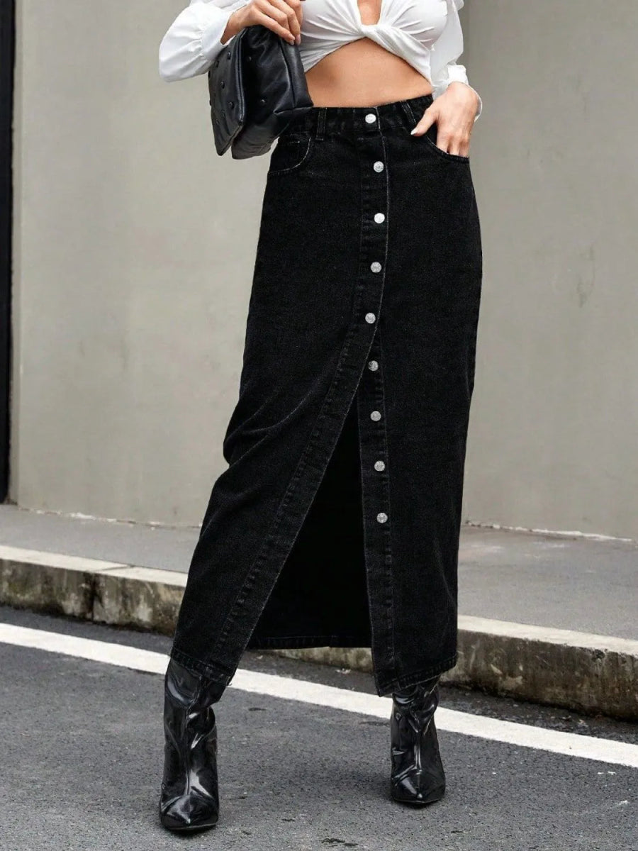 Buttoned Front Denim Slit Skirt- Easy Pickins Store