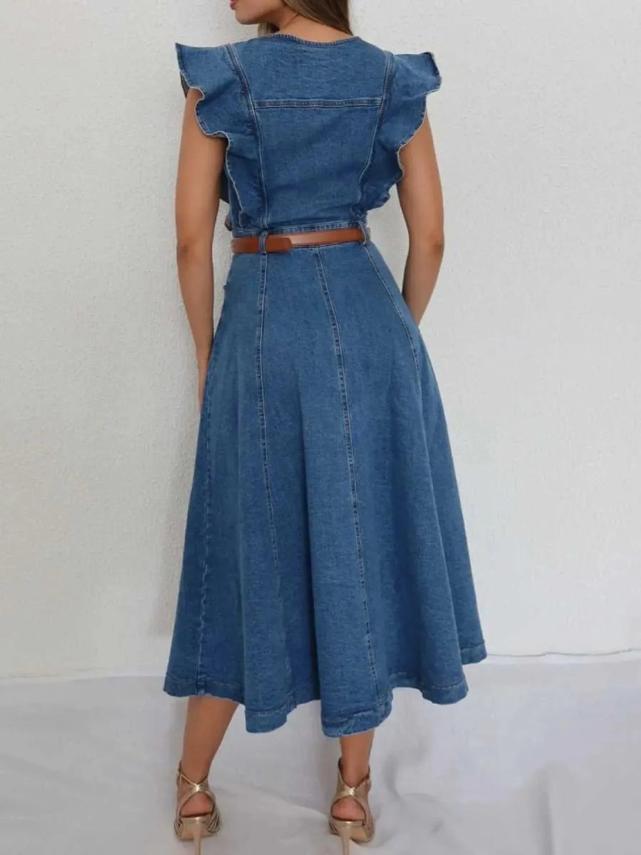Button - Front Ruffle Sleeve Denim Midi Dress - Easy Pickins Store