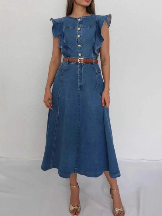 Button - Front Ruffle Sleeve Denim Midi Dress - Easy Pickins Store