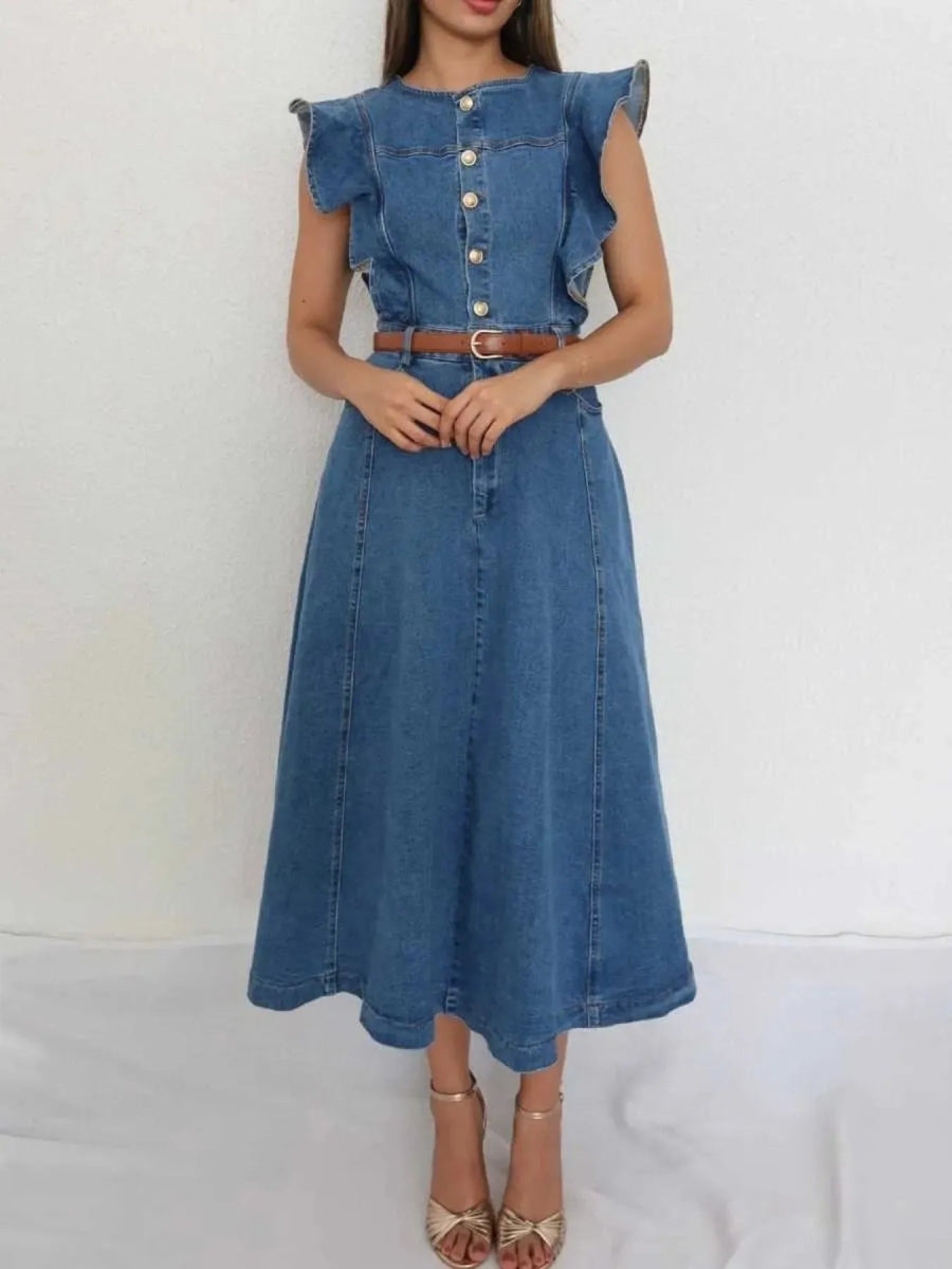 Button - Front Ruffle Sleeve Denim Midi Dress - Easy Pickins Store
