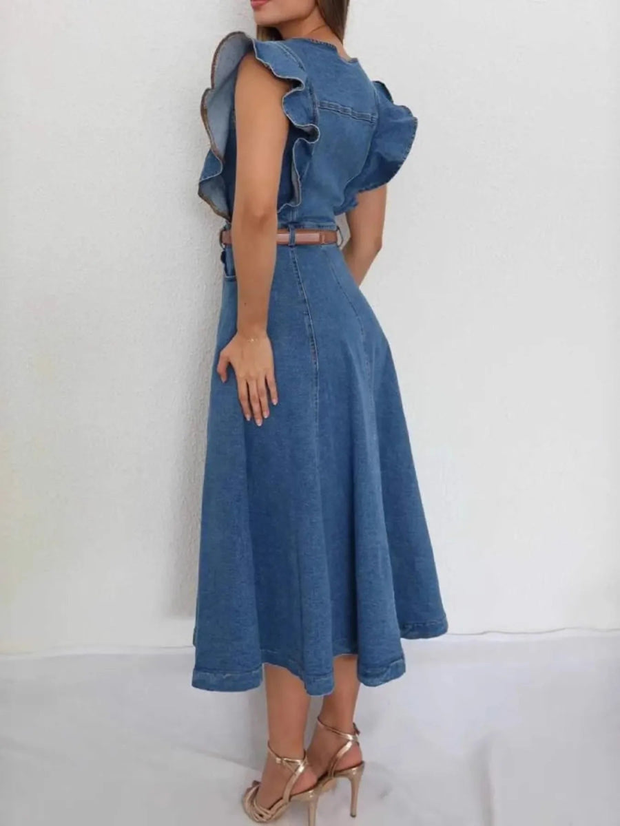 Button - Front Ruffle Sleeve Denim Midi Dress - Easy Pickins Store