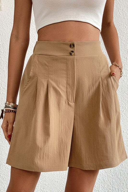 Buttoned Elastic Waist Pleated Detail Shorts - Easy Pickins Store