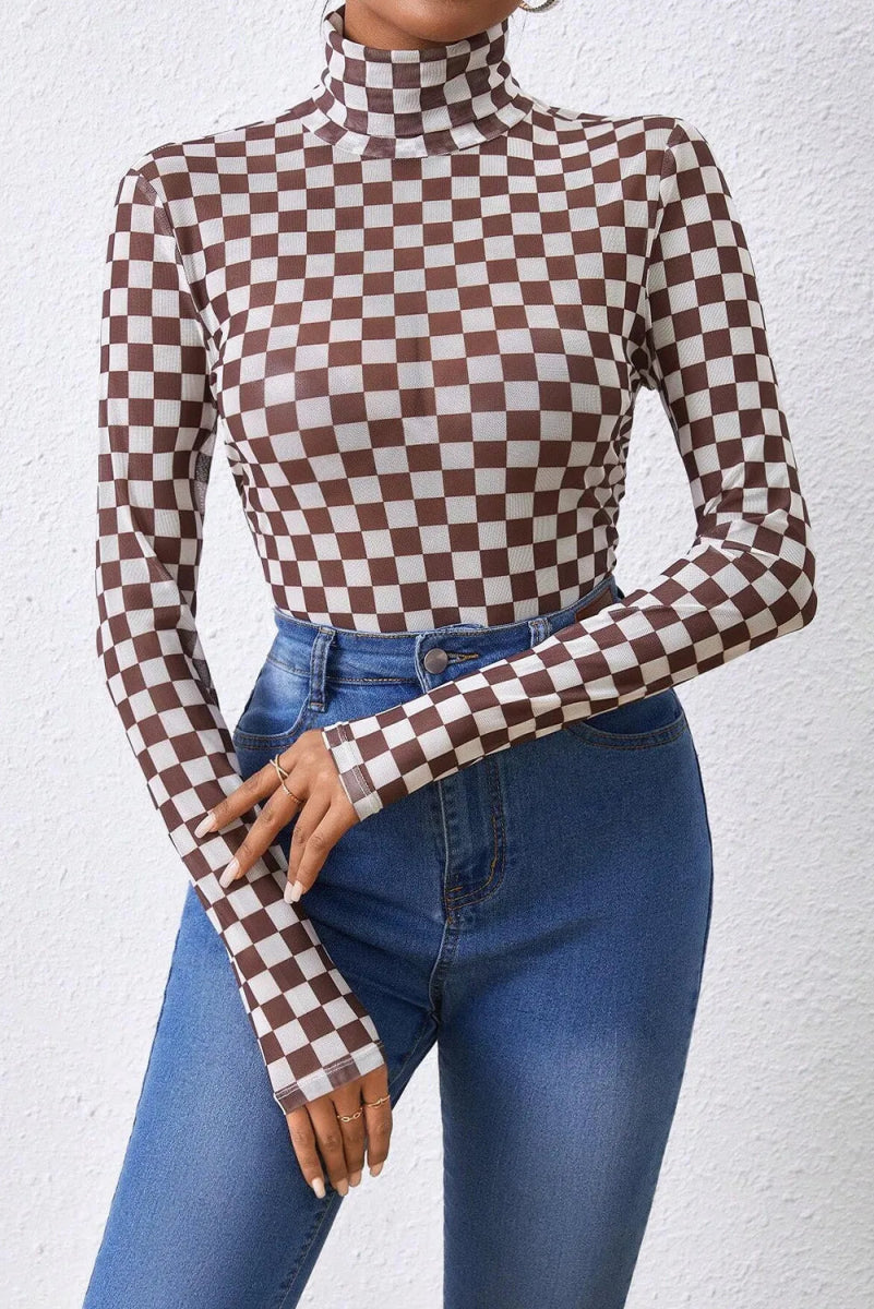 Checkered Turtleneck Long Sleeve Bodysuit - Easy Pickins Store