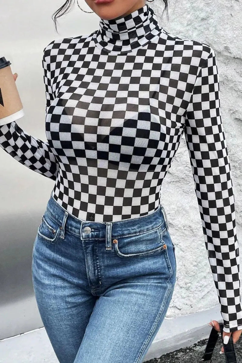 Checkered Turtleneck Long Sleeve Bodysuit - Easy Pickins Store