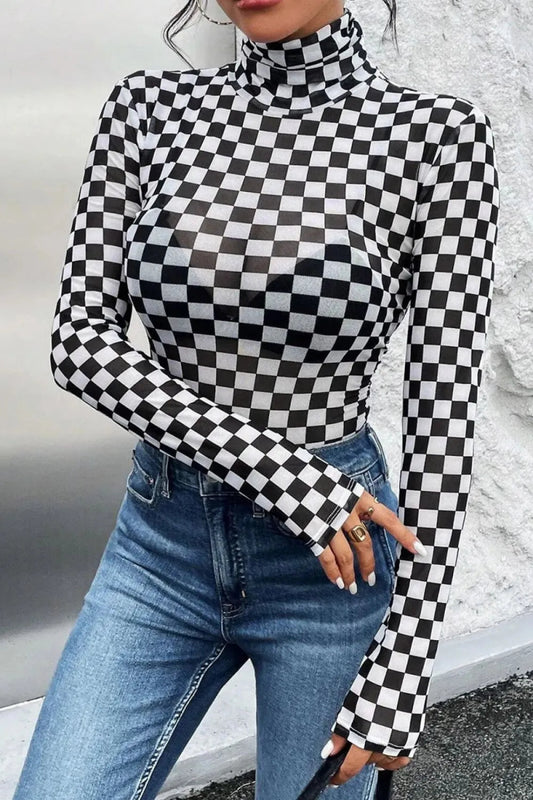 Checkered Turtleneck Long Sleeve Bodysuit - Easy Pickins Store