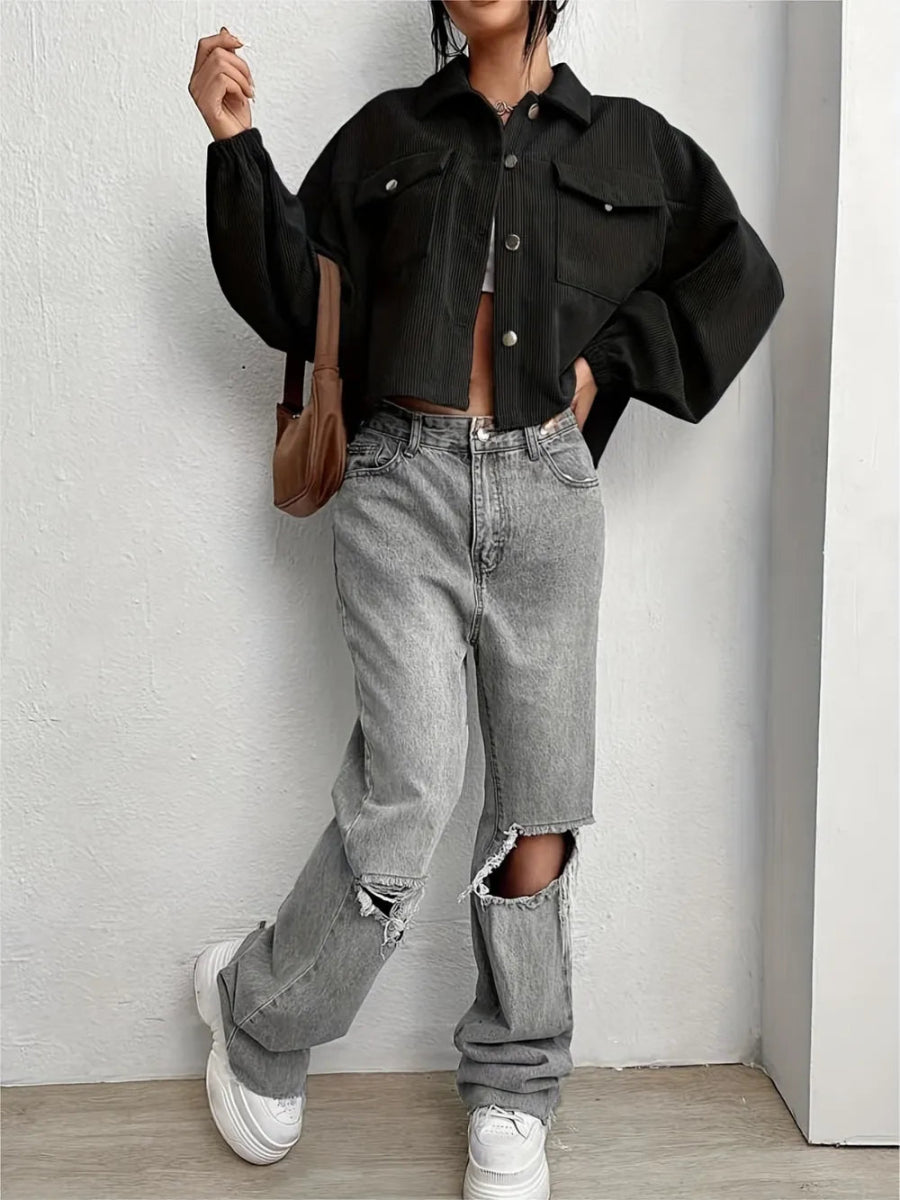 Collared Neck Dropped Shoulder Jacket - Easy Pickins Store