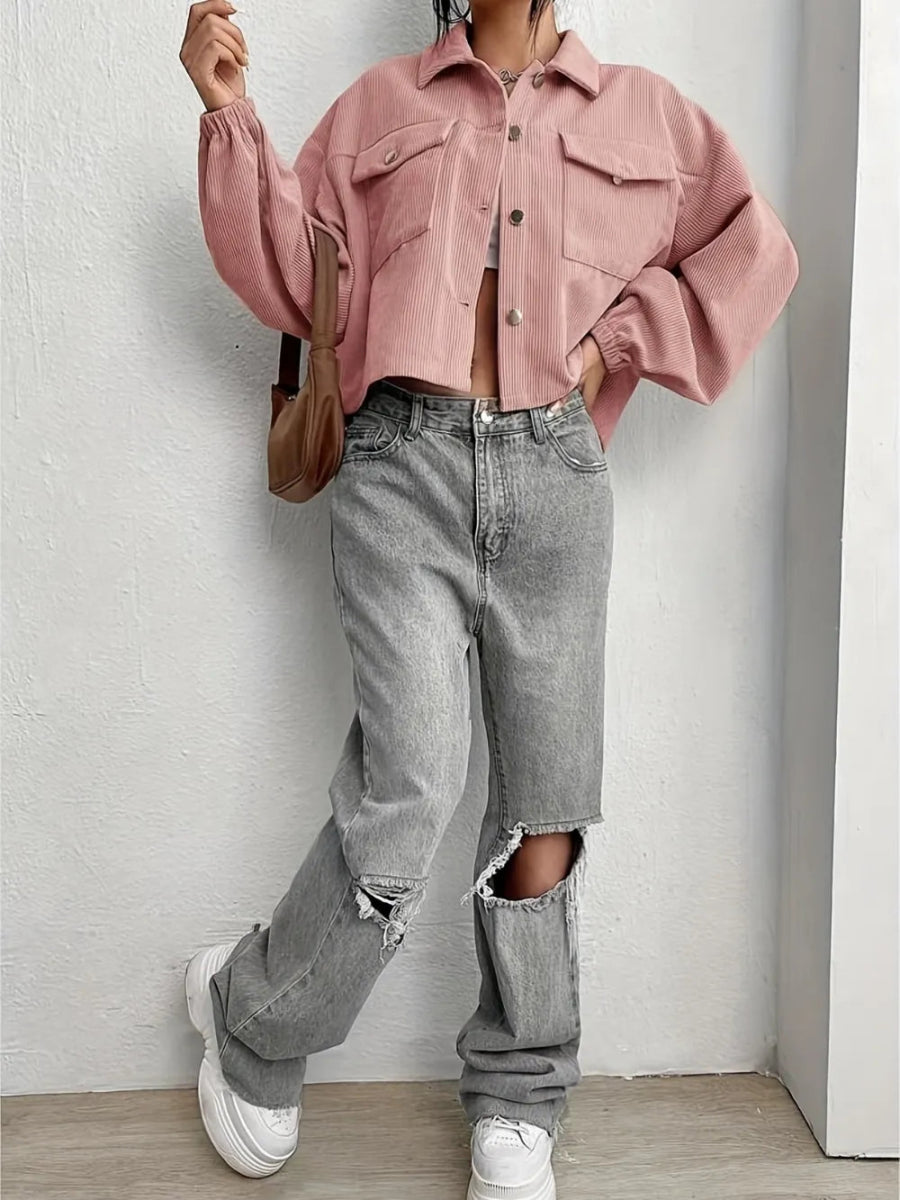 Collared Neck Dropped Shoulder Jacket - Easy Pickins Store