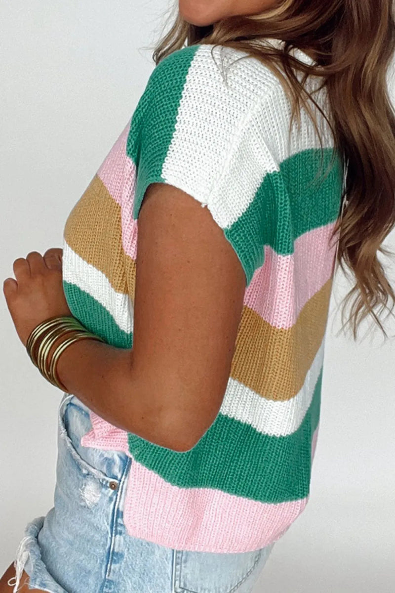 Color Block Notched Cap Sleeve Knit Top - Easy Pickins Store