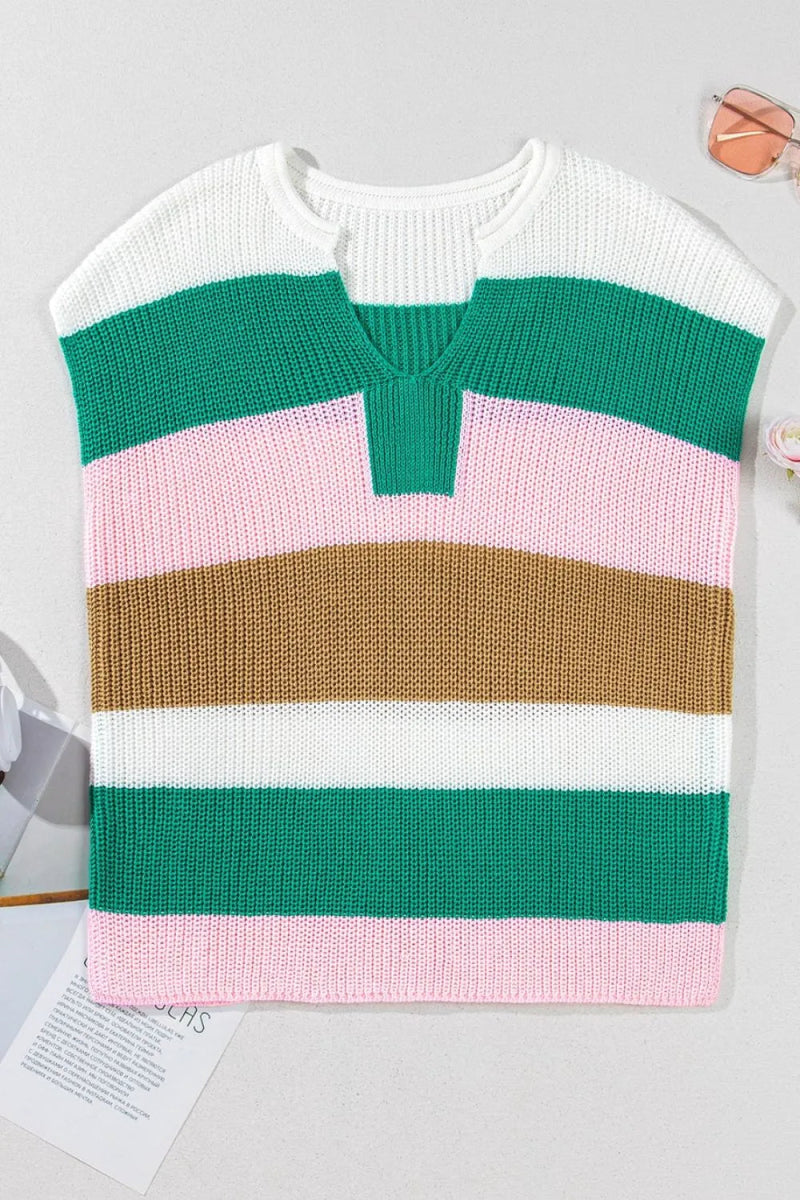 Color Block Notched Cap Sleeve Knit Top - Easy Pickins Store