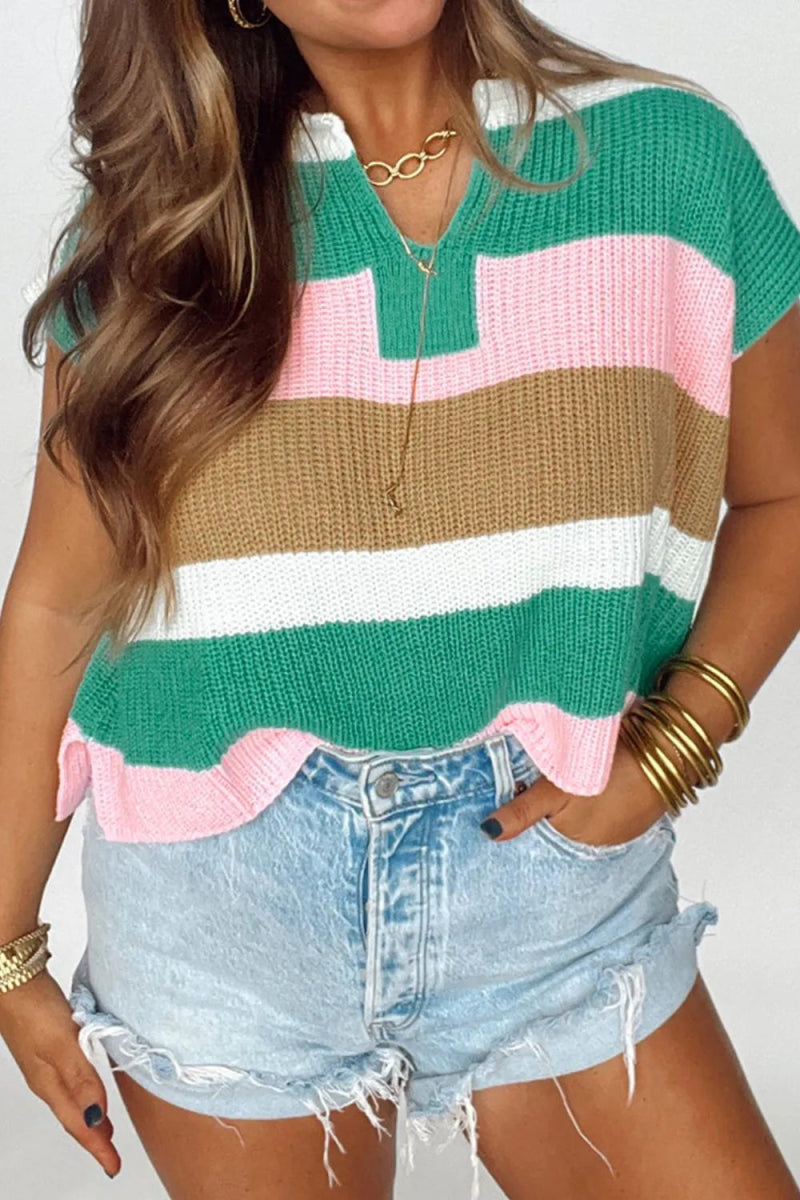 Color Block Notched Cap Sleeve Knit Top - Easy Pickins Store