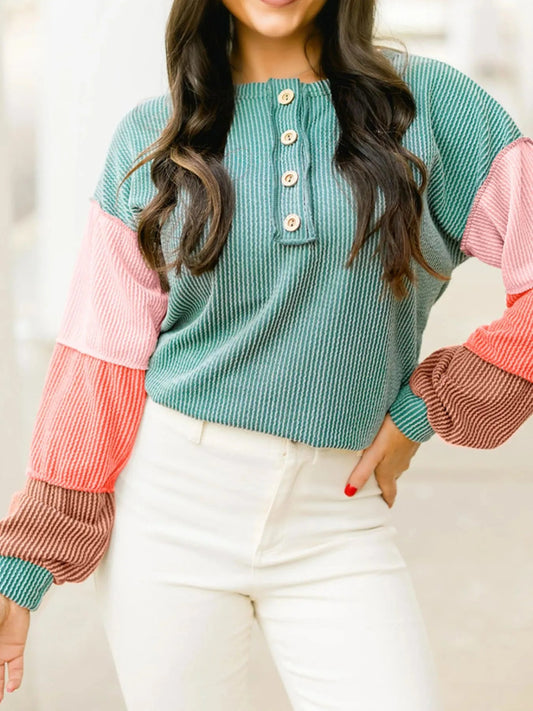 Color Block Ribbed Knit Henley Sweatshirt - Easy Pickins Store