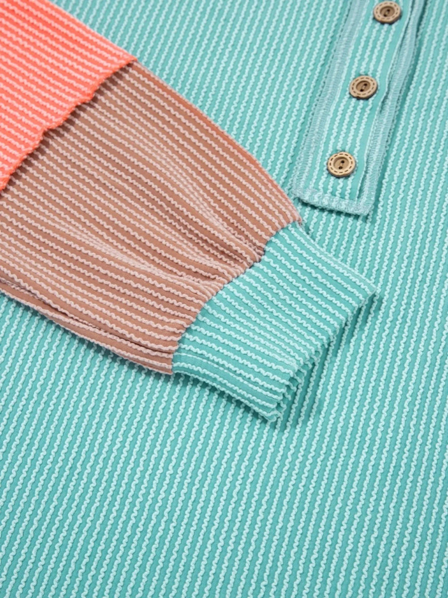 Color Block Ribbed Knit Henley Sweatshirt - Easy Pickins Store