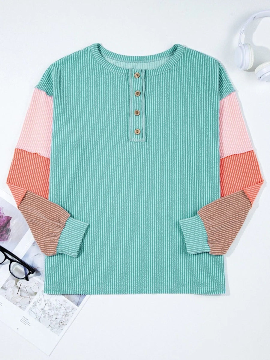 Color Block Ribbed Knit Henley Sweatshirt - Easy Pickins Store