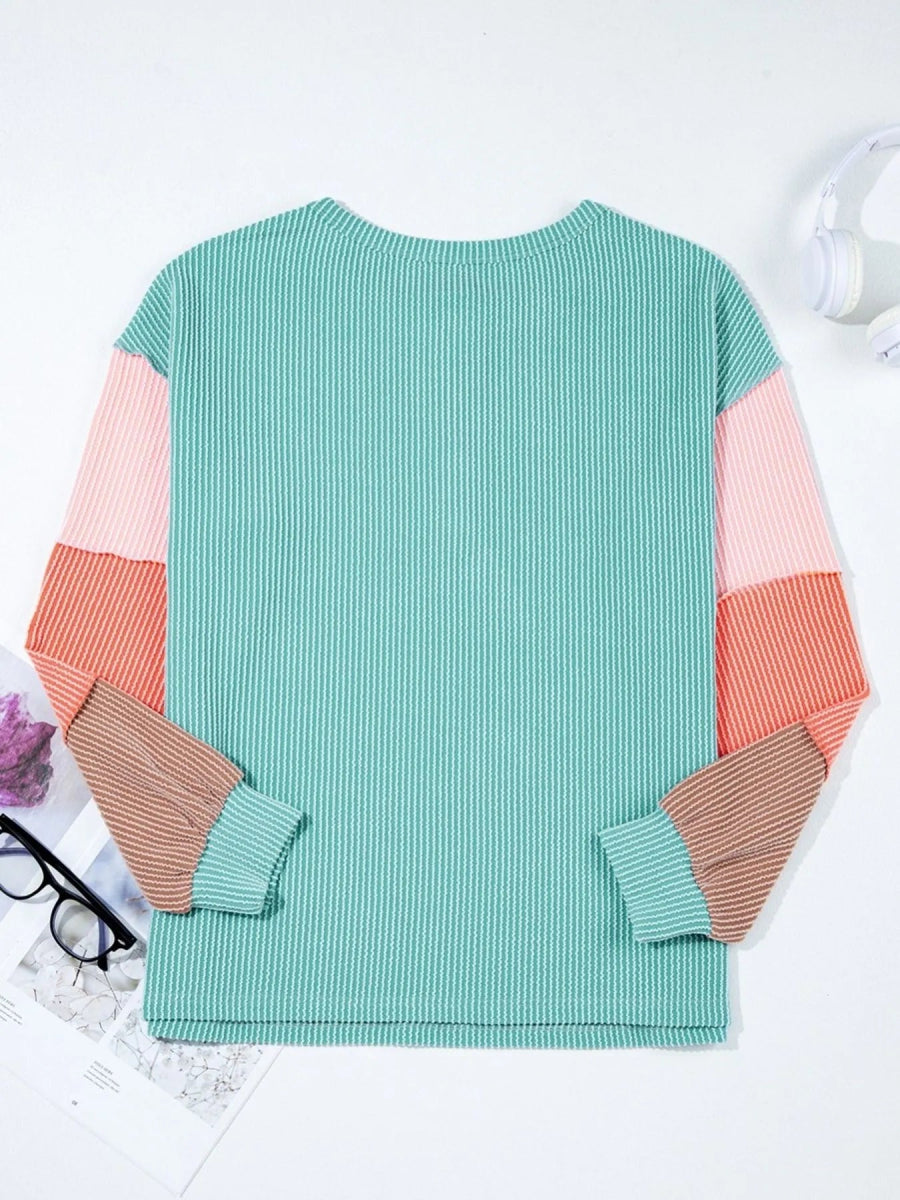 Color Block Ribbed Knit Henley Sweatshirt - Easy Pickins Store