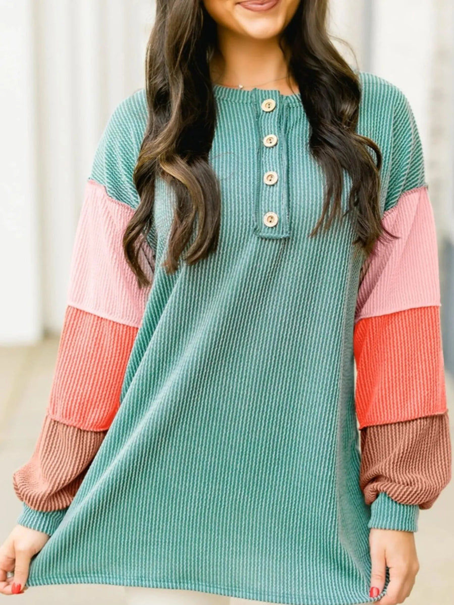 Color Block Ribbed Knit Henley Sweatshirt - Easy Pickins Store