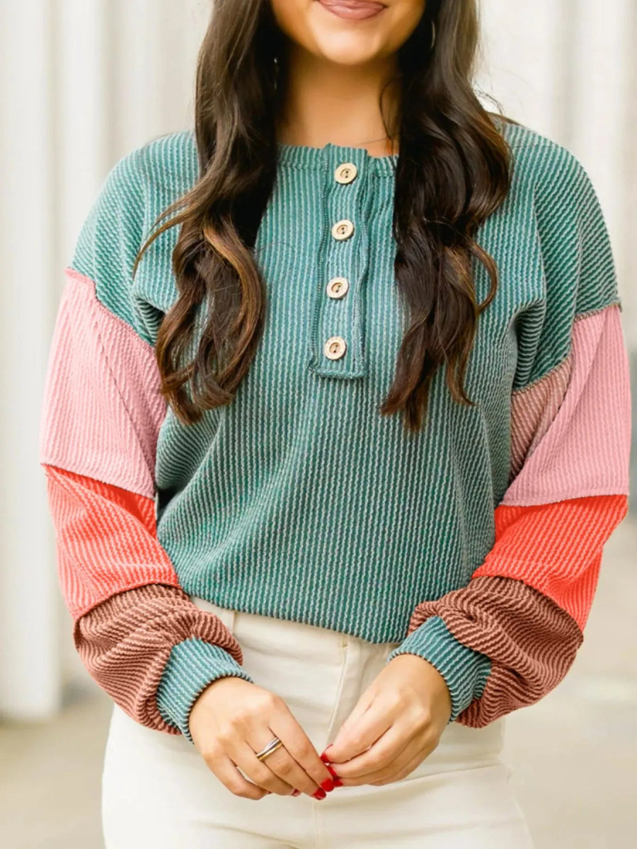 Color Block Ribbed Knit Henley Sweatshirt - Easy Pickins Store