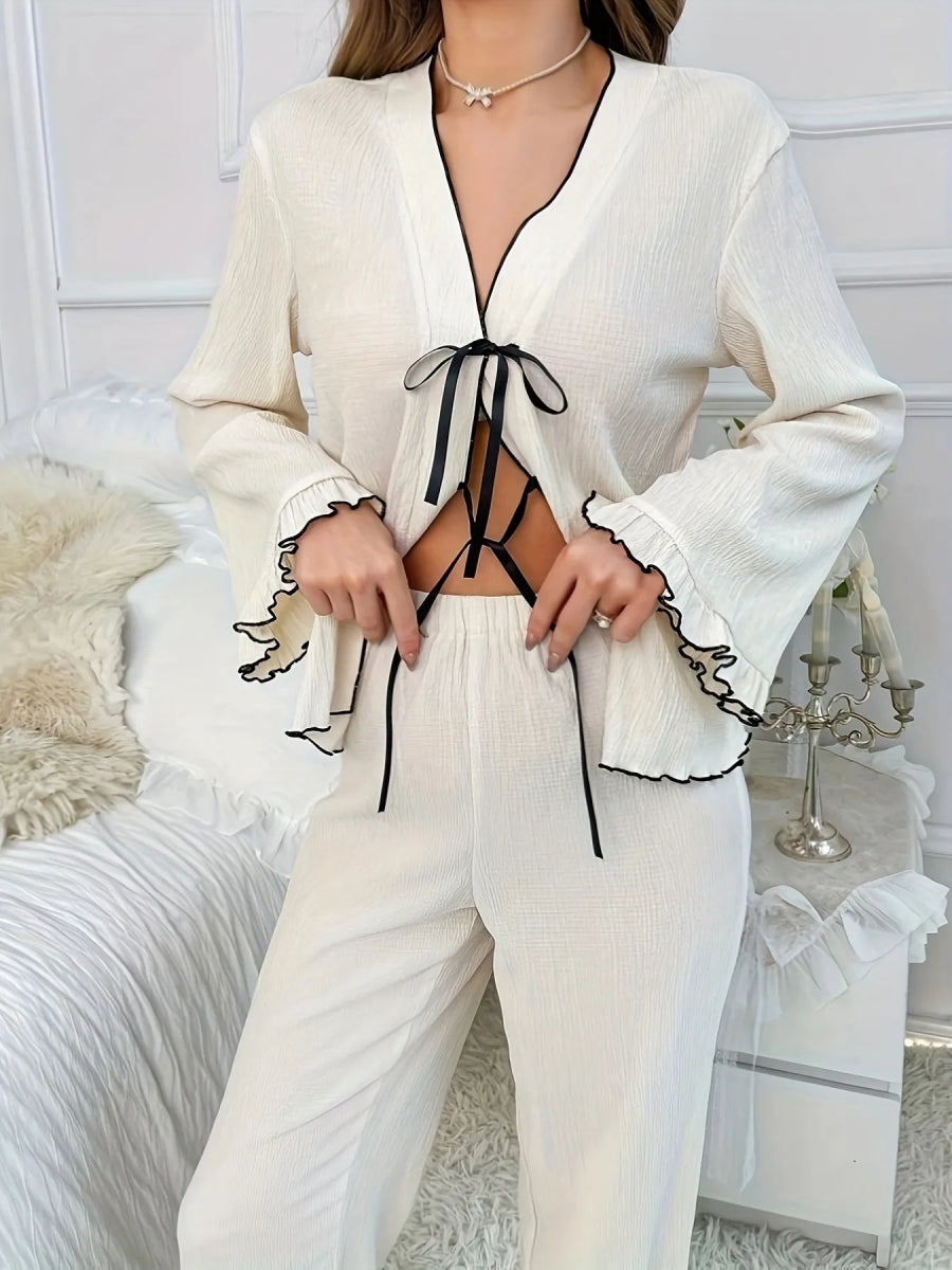 Contrast Trim Bow Tie Shirt and Pants Lounge Set - Easy Pickins Store