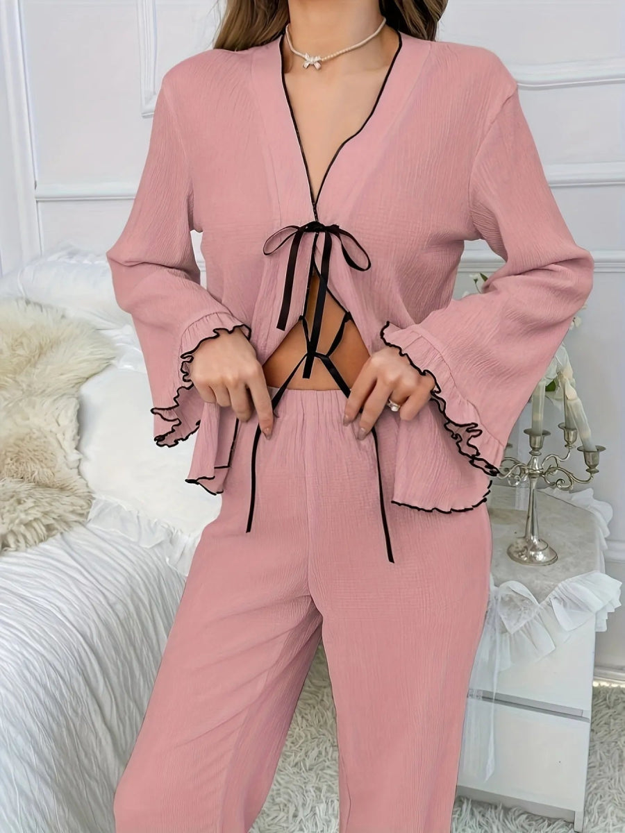 Contrast Trim Bow Tie Shirt and Pants Lounge Set - Easy Pickins Store