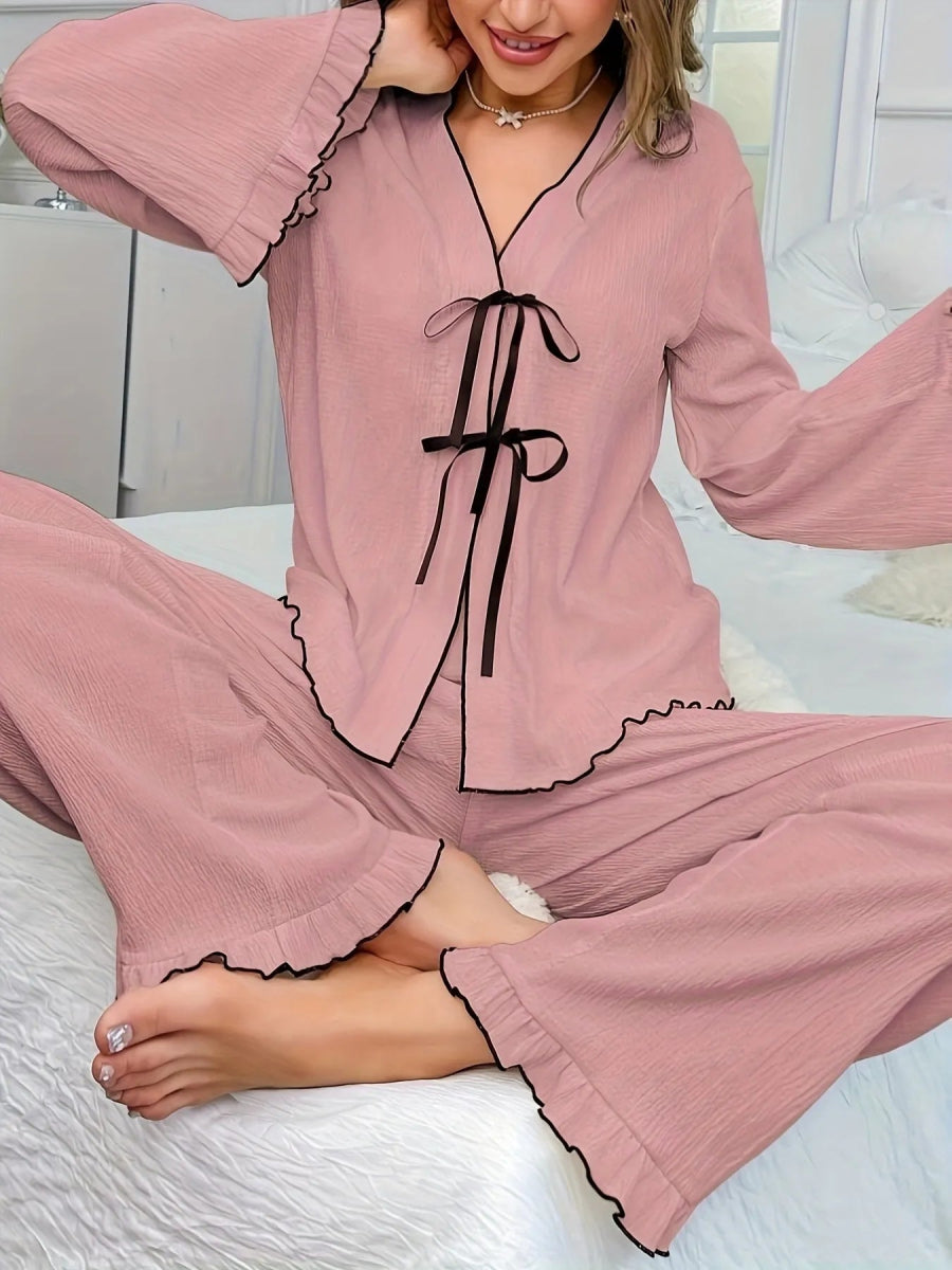 Contrast Trim Bow Tie Shirt and Pants Lounge Set - Easy Pickins Store