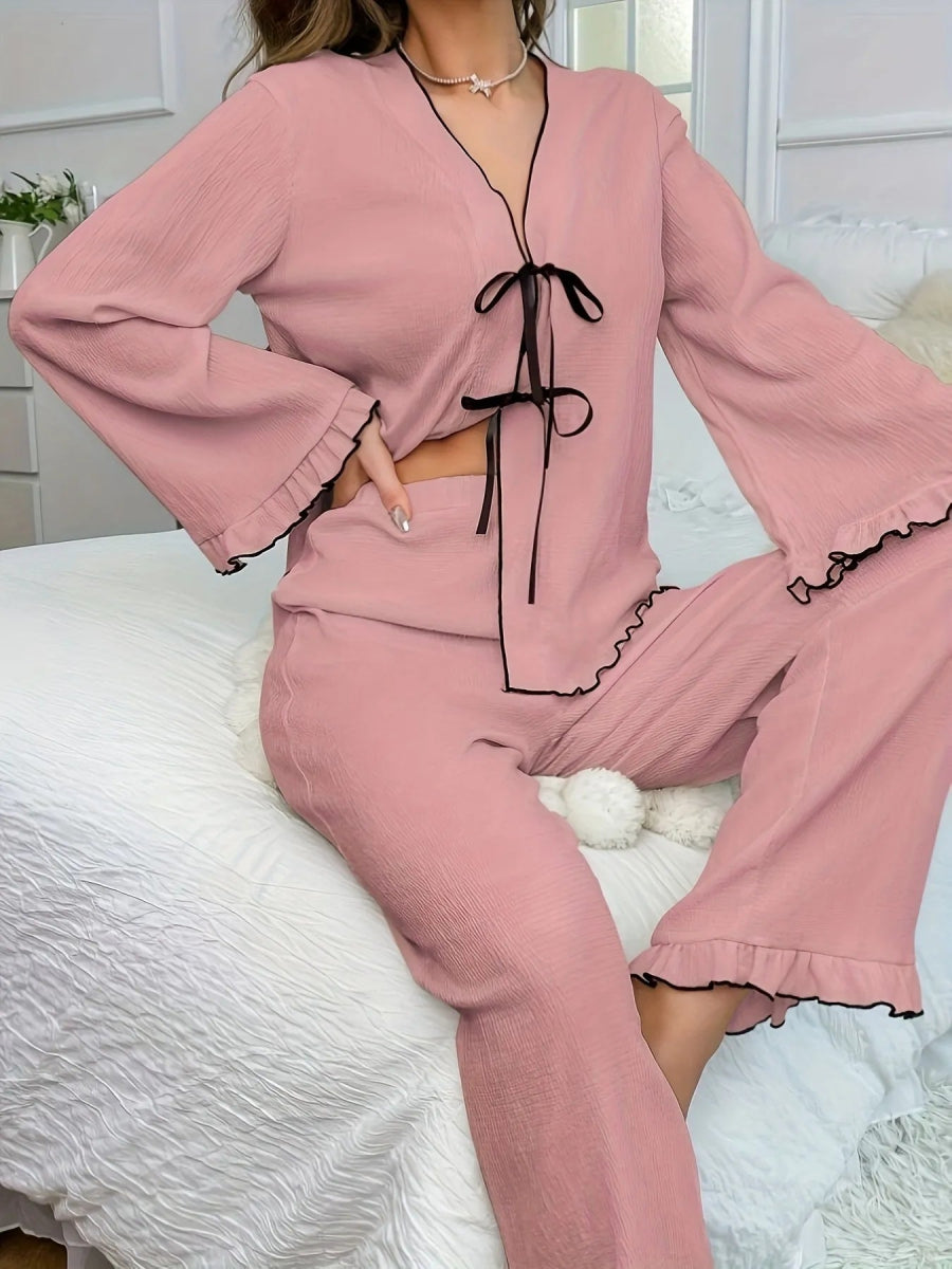 Contrast Trim Bow Tie Shirt and Pants Lounge Set - Easy Pickins Store