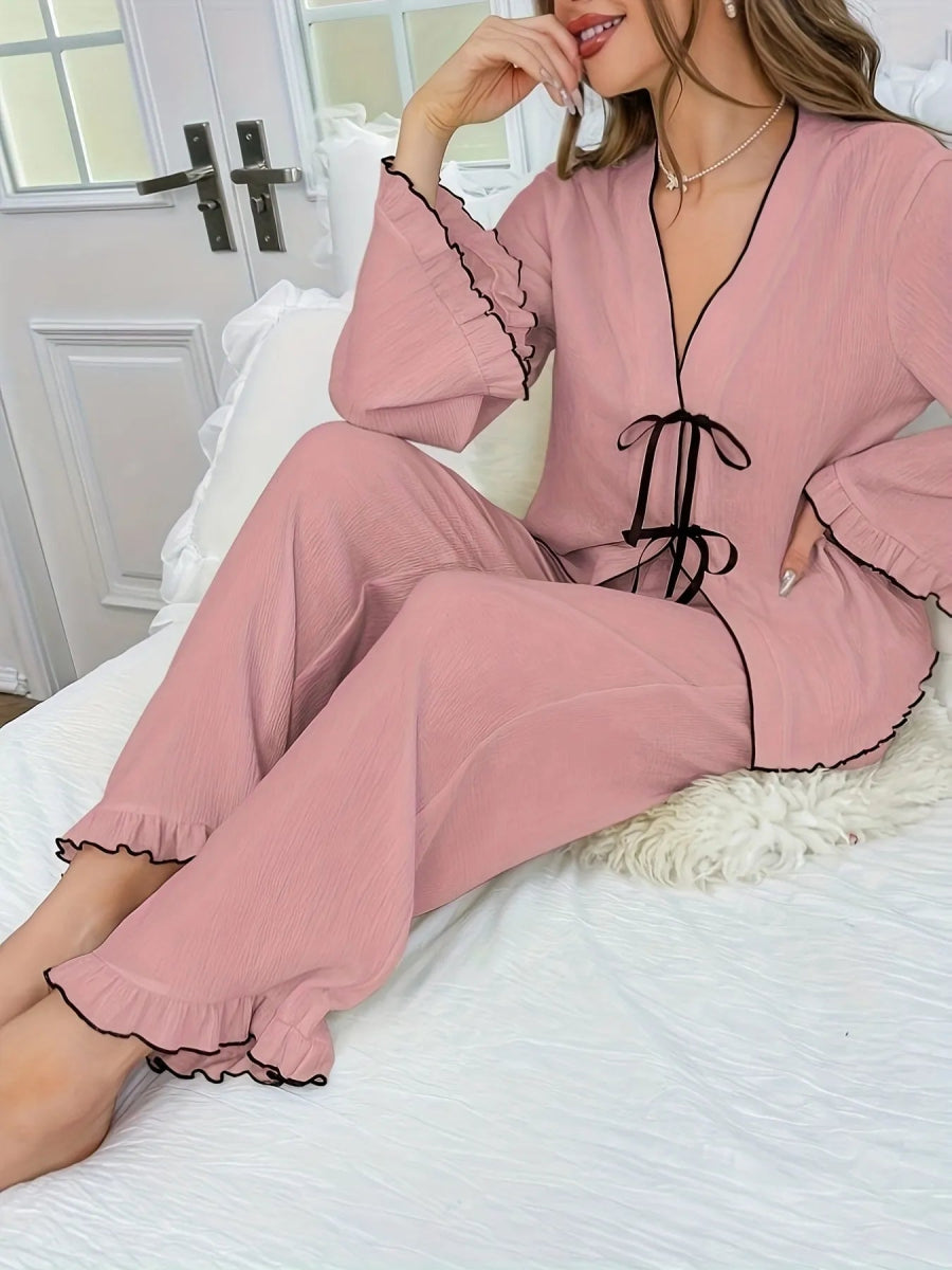Contrast Trim Bow Tie Shirt and Pants Lounge Set - Easy Pickins Store