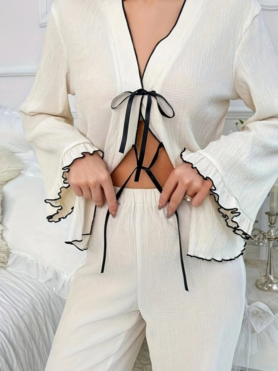 Contrast Trim Bow Tie Shirt and Pants Lounge Set - Easy Pickins Store