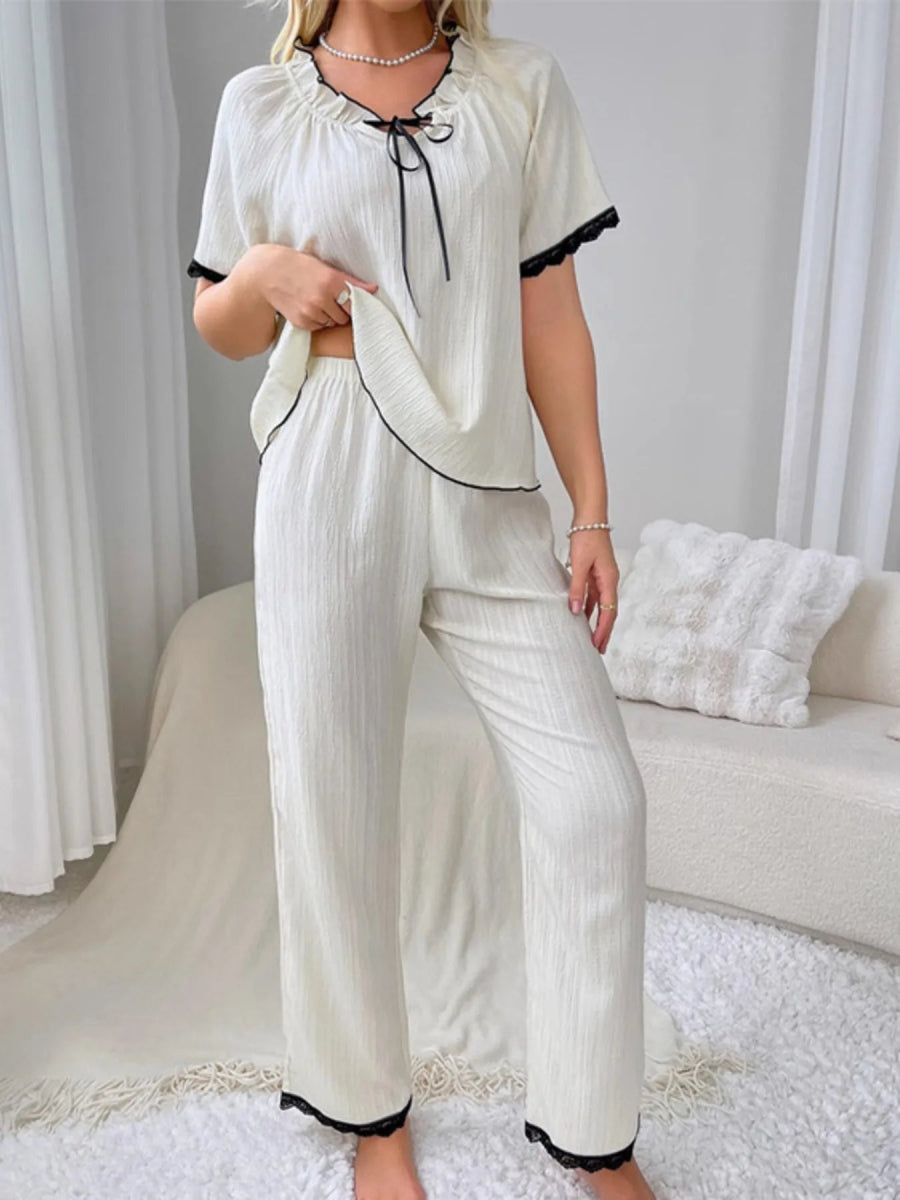 Contrast Trim Short Sleeve Top and Pants Set - Easy Pickins Store