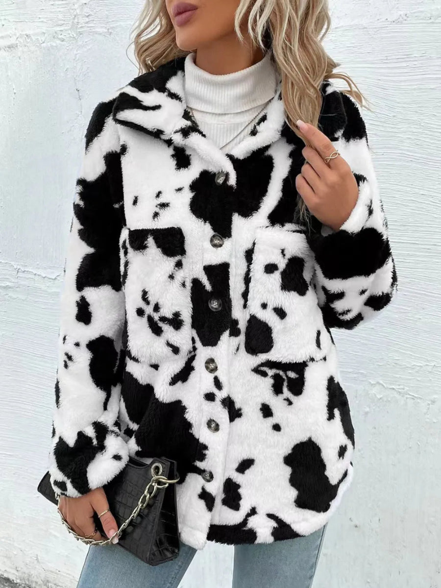 Cow Print Collared Neck Button Up Fuzzy Jacket - Easy Pickins Store