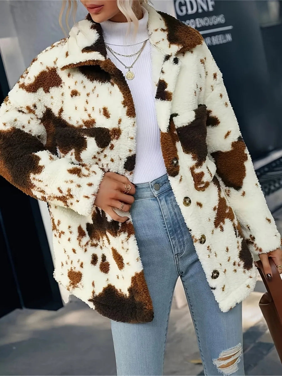 Cow Print Collared Neck Button Up Fuzzy Jacket - Easy Pickins Store