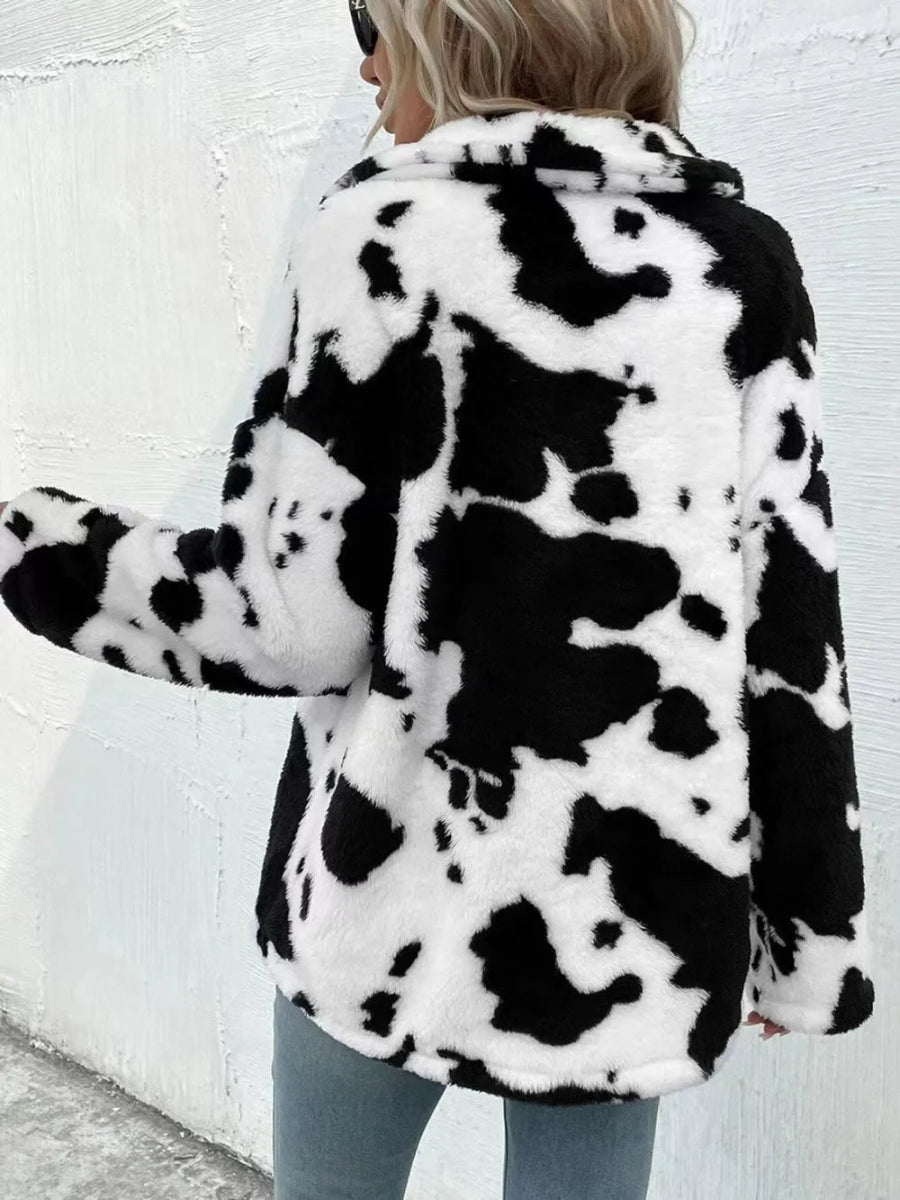 Cow Print Collared Neck Button Up Fuzzy Jacket - Easy Pickins Store
