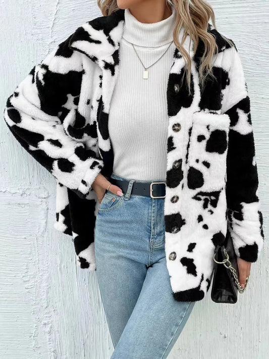 Cow Print Collared Neck Button Up Fuzzy Jacket - Easy Pickins Store