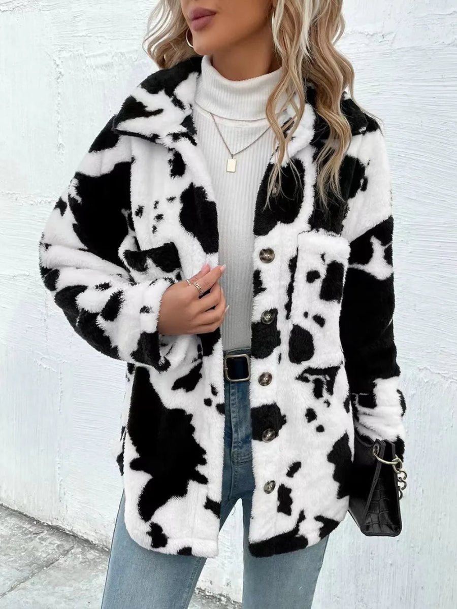 Cow Print Collared Neck Button Up Fuzzy Jacket - Easy Pickins Store