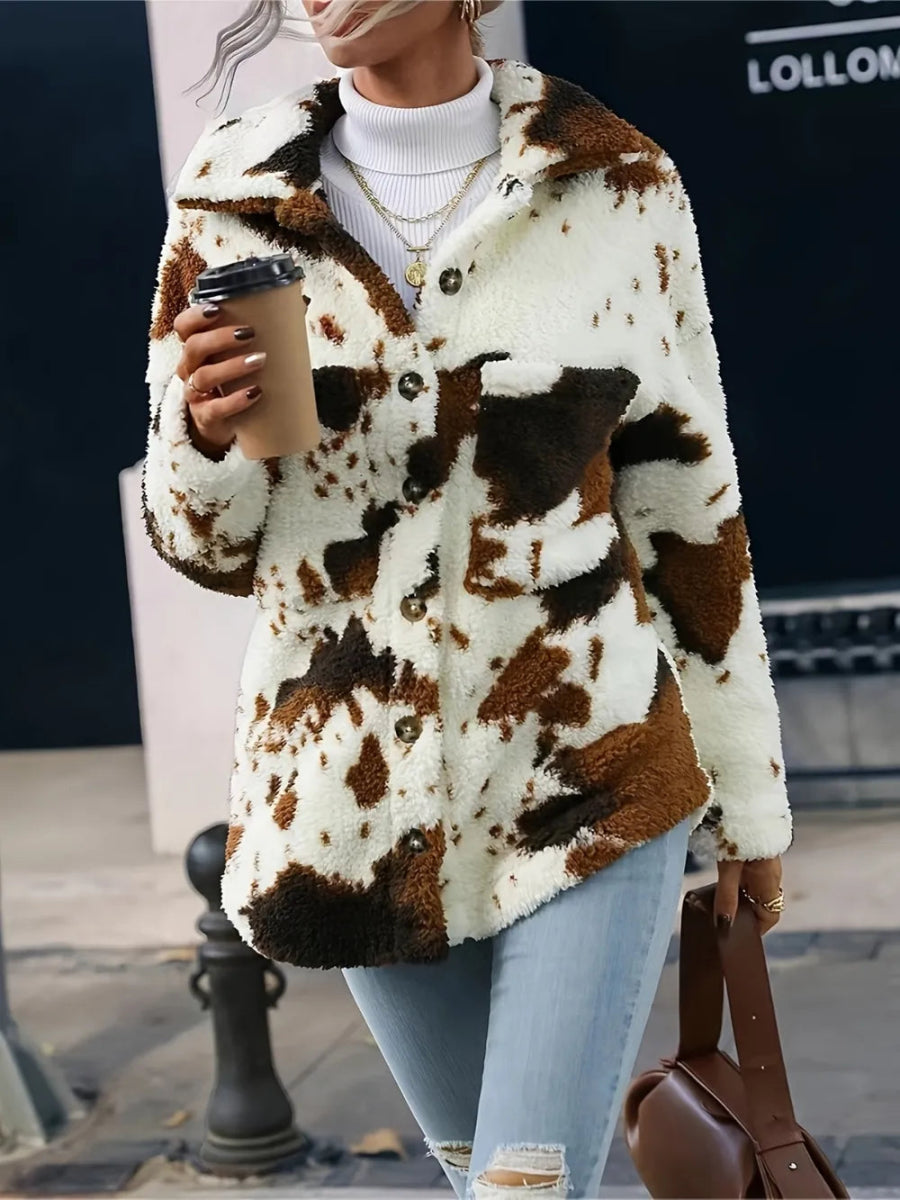 Cow Print Collared Neck Button Up Fuzzy Jacket - Easy Pickins Store