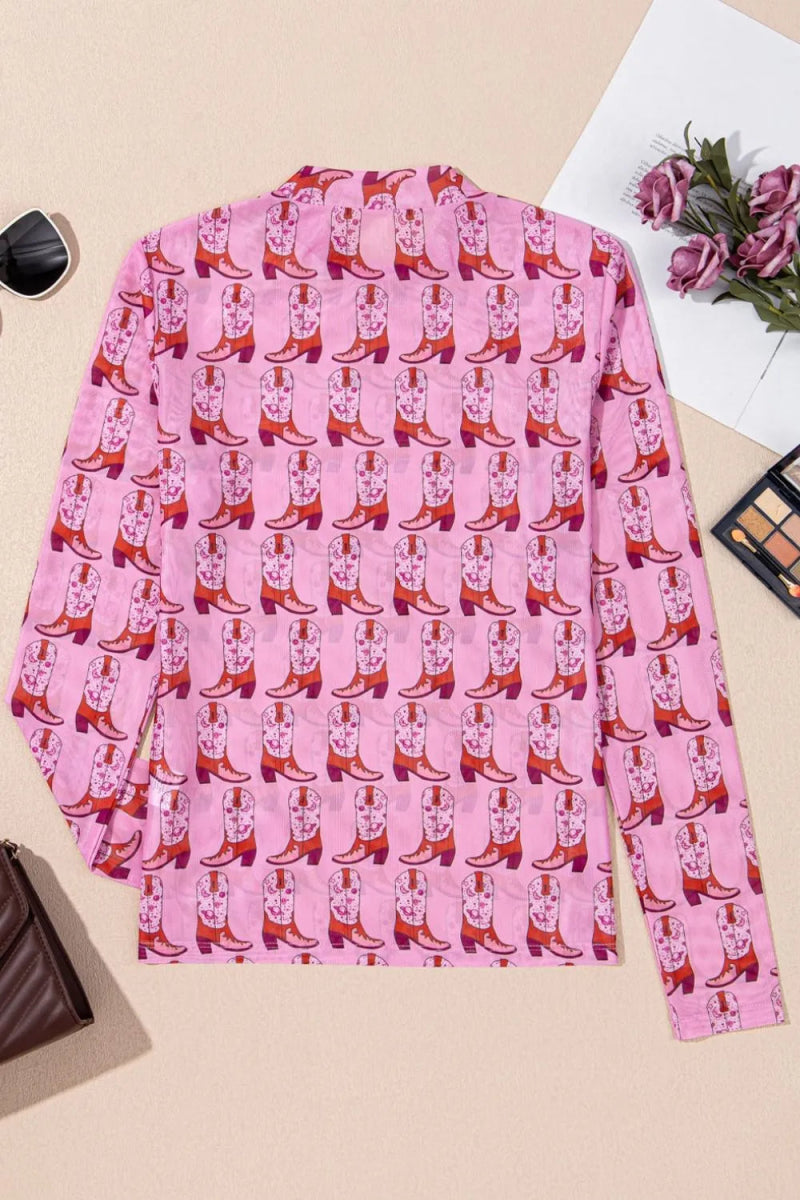 Cowgirl Boots Printed Mock Neck Long Sleeve Mesh Top - Easy Pickins Store