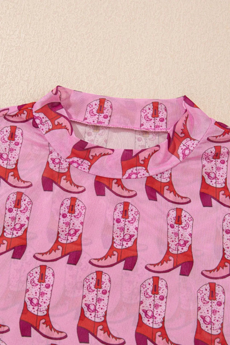 Cowgirl Boots Printed Mock Neck Long Sleeve Mesh Top - Easy Pickins Store