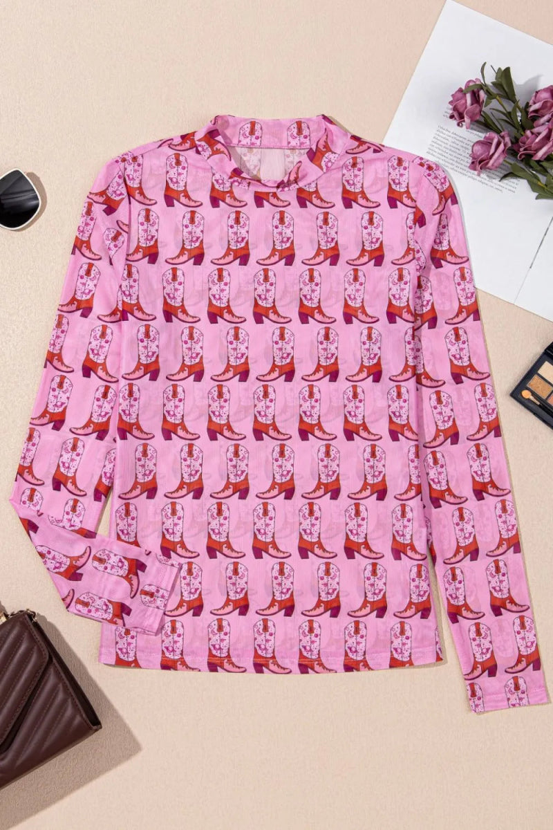 Cowgirl Boots Printed Mock Neck Long Sleeve Mesh Top - Easy Pickins Store