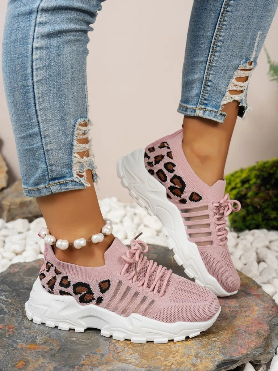 Cutout Leopard Lace Up Mesh Athletic Sneakers - Easy Pickins Store