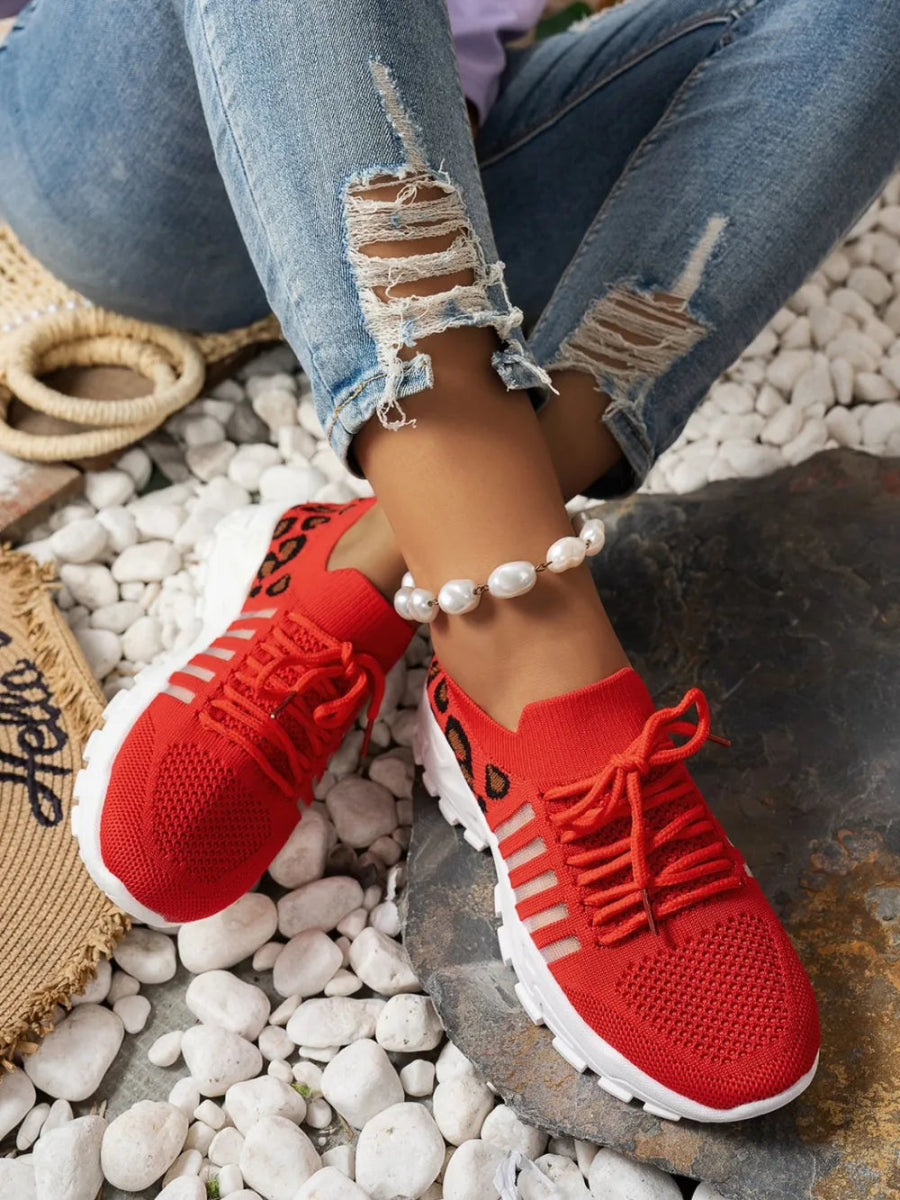 Cutout Leopard Lace Up Mesh Athletic Sneakers - Easy Pickins Store